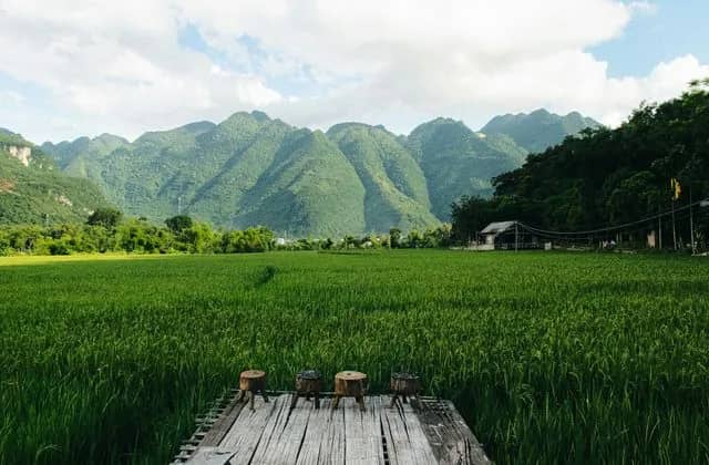 Four wooden stools on a plank deck face green rice fields and steep forested mountains in Mai Chau