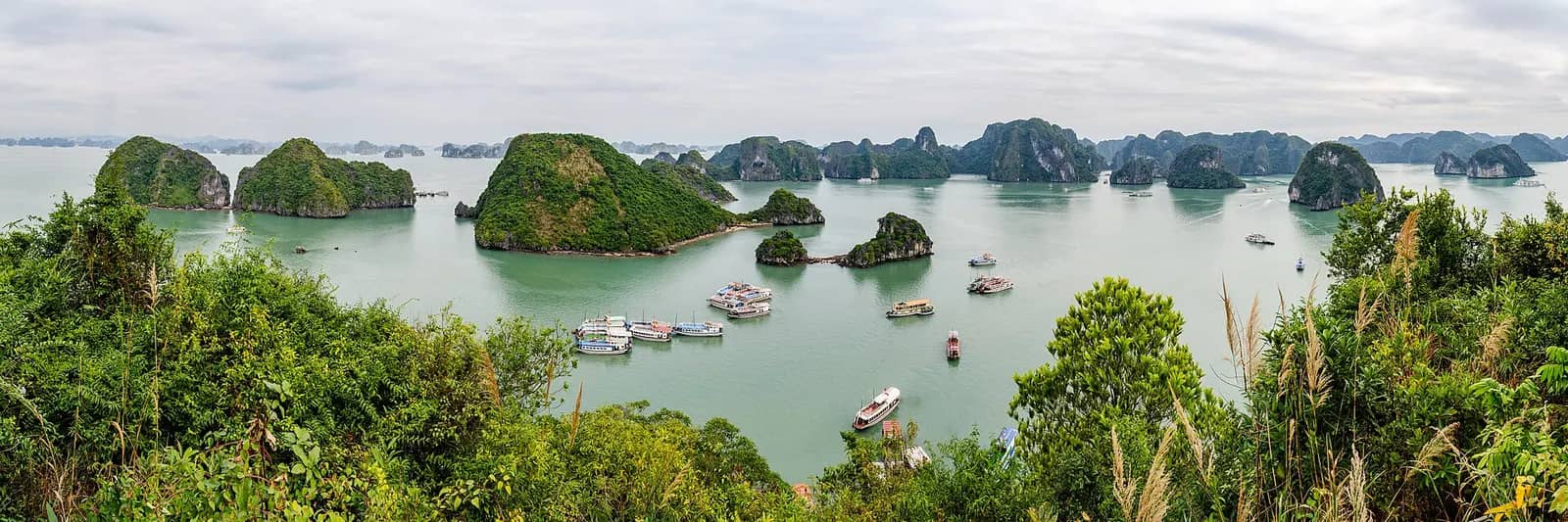 Panorama from the top of Ti Top Island over green water, wooded limestone islets and moored tour boats