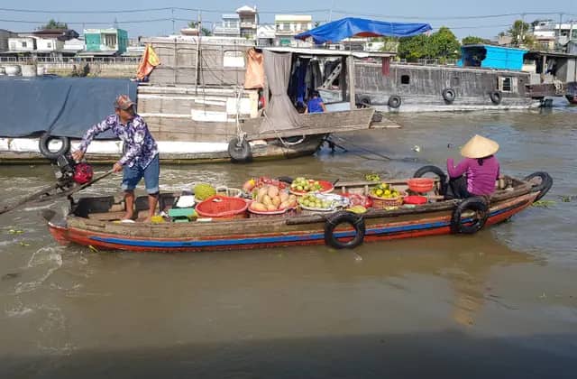 A man steering a long-tail motor on a fruit boat at a Mekong Delta floating market, a woman in a conical hat at the bow