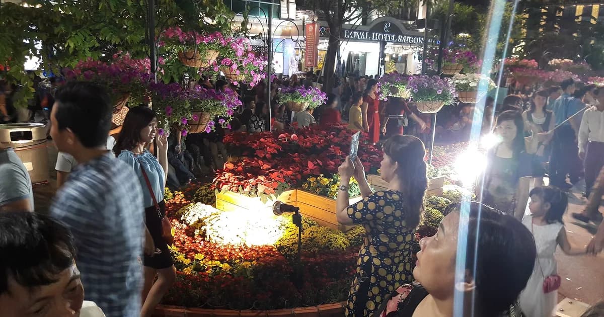 Crowds photographing red poinsettias and yellow chrysanthemum beds under hanging flower baskets on Nguyen Hue Street at night during Tet