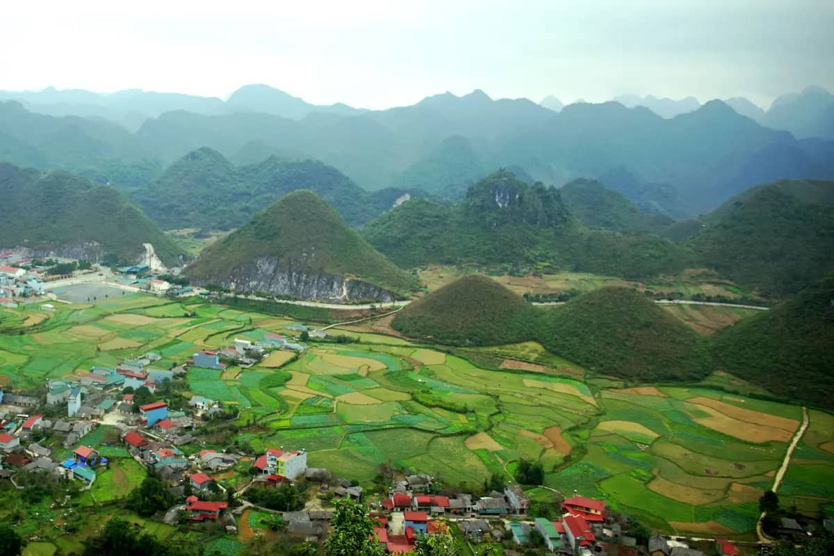 The two rounded Twin Mountains rising from green rice fields beside the town of Tam Son in Quan Ba, seen from above
