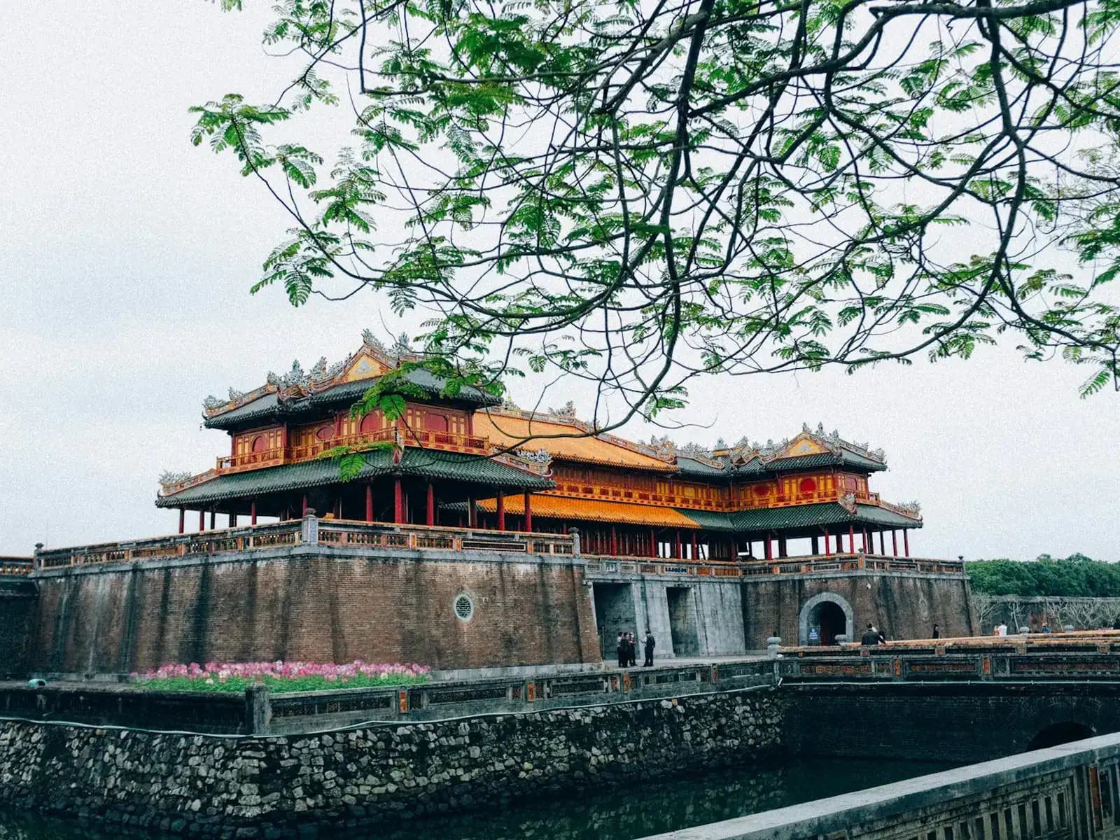 Ngo Mon, the Meridian Gate of Hue's Imperial City, above its stone wall and moat, framed by leafy branches