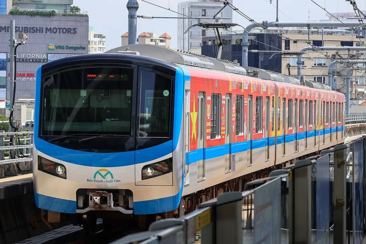 A Metro Line 1 train on the elevated track in Ho Chi Minh City