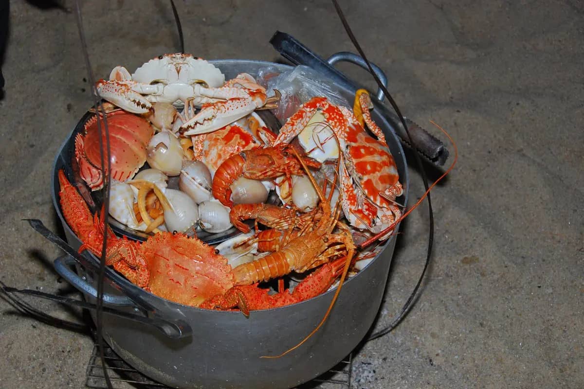 A pot of steamed crab, lobster and shellfish at a seafood dinner in Nha Trang