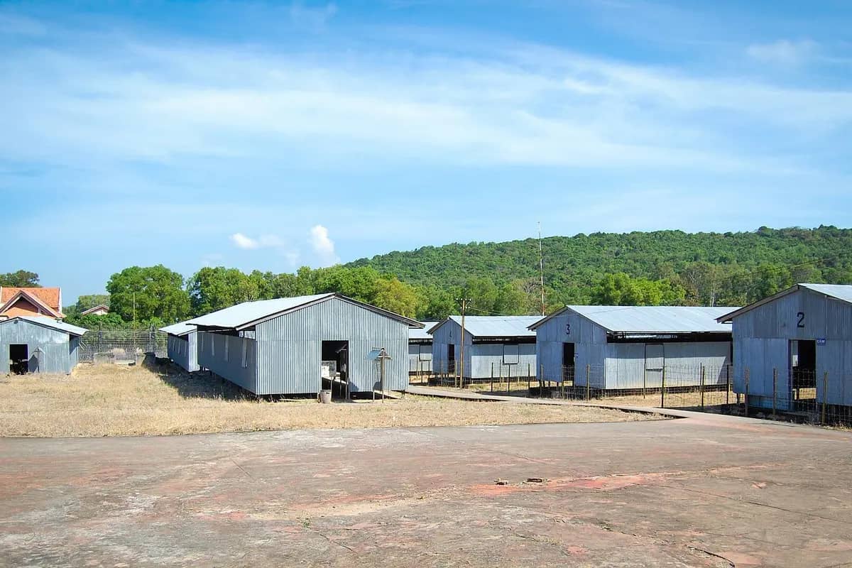 Rows of rebuilt prison barracks at Phu Quoc Prison