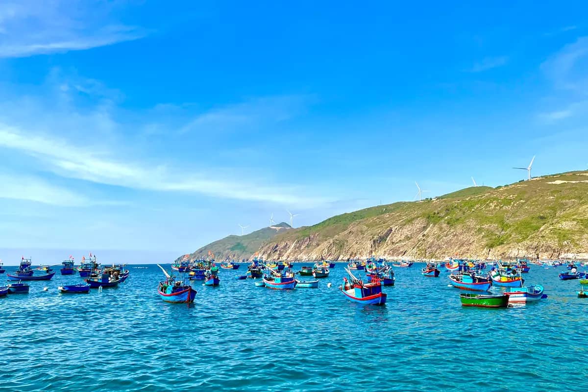 Blue fishing boats moored in the bay at Nhon Ly under a green hill
