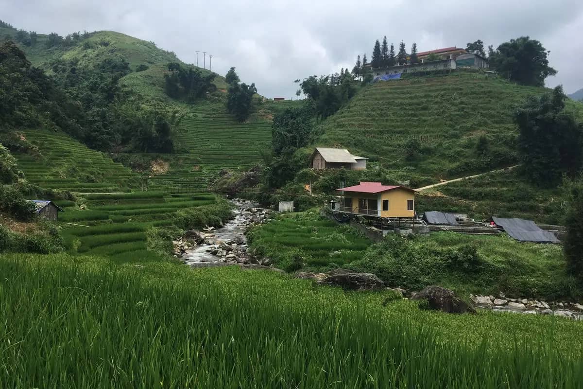 Houses on the slopes of Lao Chai above the stream, green rice terraces below them