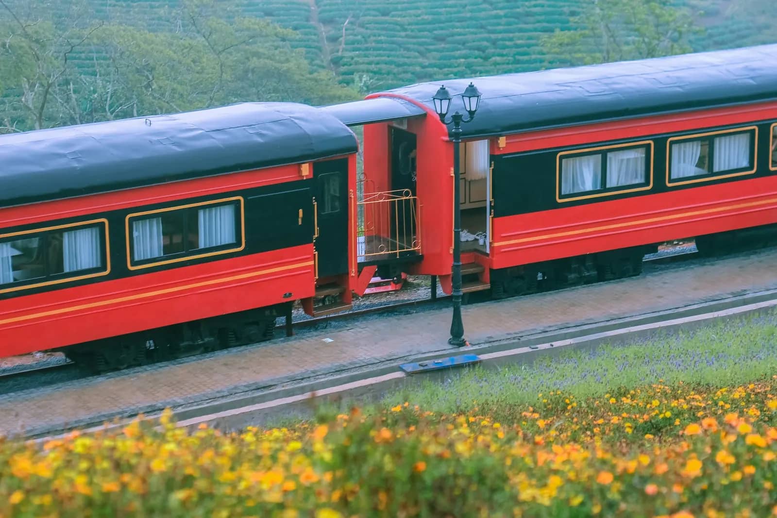 A red and black train at the station beside a field of flowers