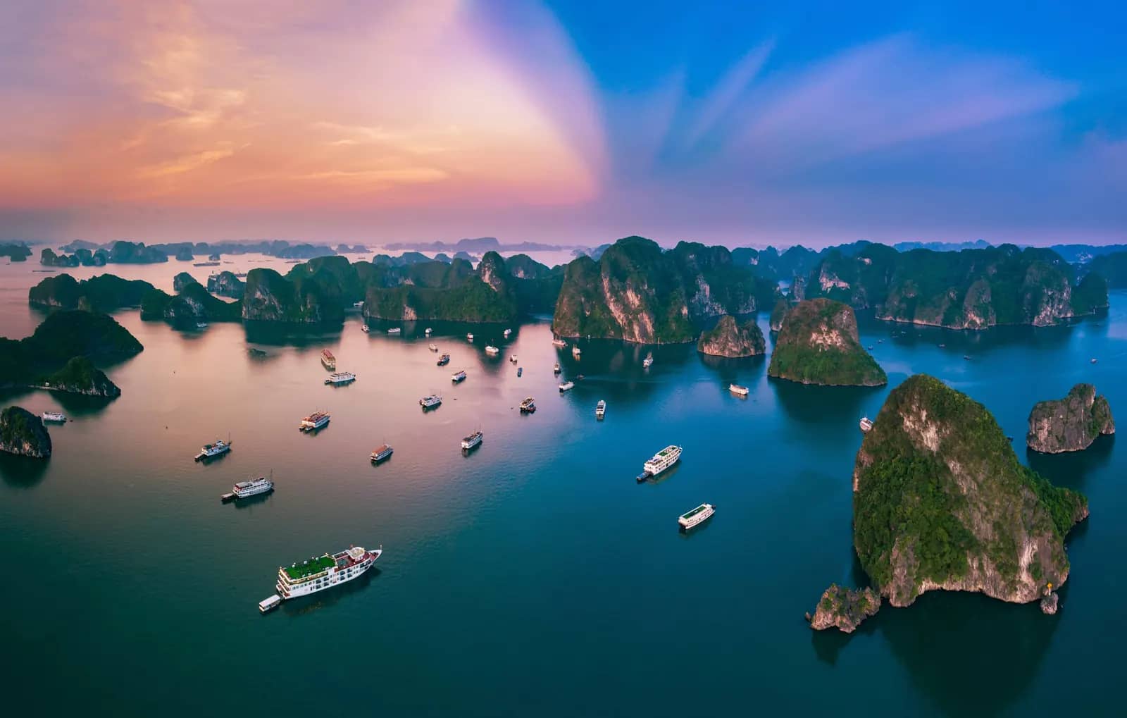 Karst islands in the bay at sunset, seen from above