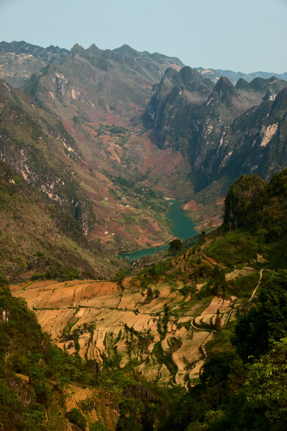 The jade Nho Que River below steep karst ridges, dry golden terraced fields in the foreground, in Dong Van, Ha Giang