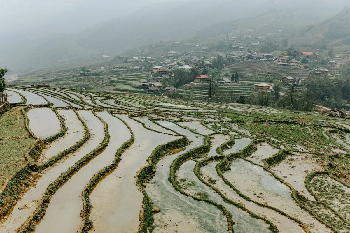 Water-filled rice terraces curving below a village near Sa Pa, the hills behind fading into grey mist