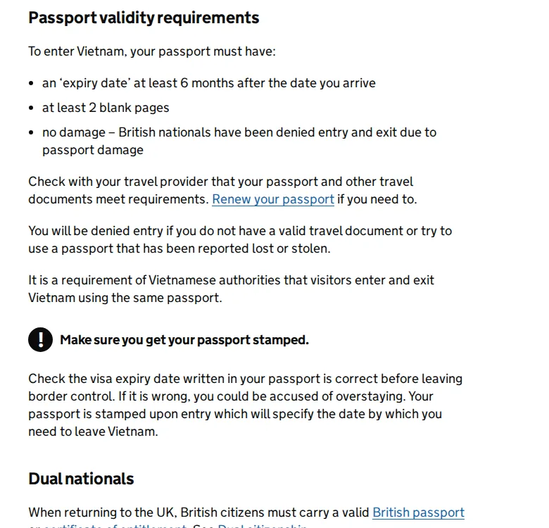 UK government passport rules for Vietnam: six months' validity, two blank pages, no damage
