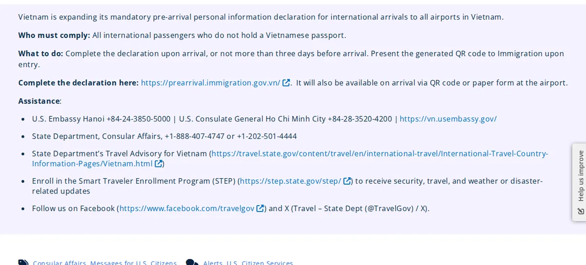 US Embassy notice extending Vietnam's mandatory pre-arrival declaration to all airports
