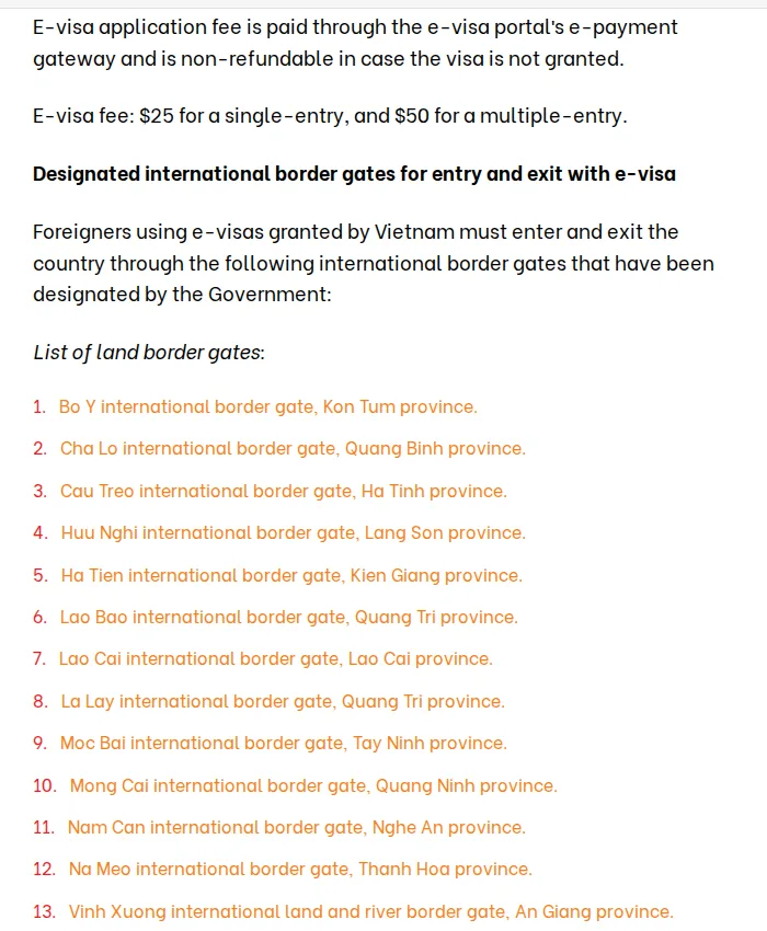 VnEconomy e-visa report listing the 25 and 50 US dollar fees and the first designated land border gates