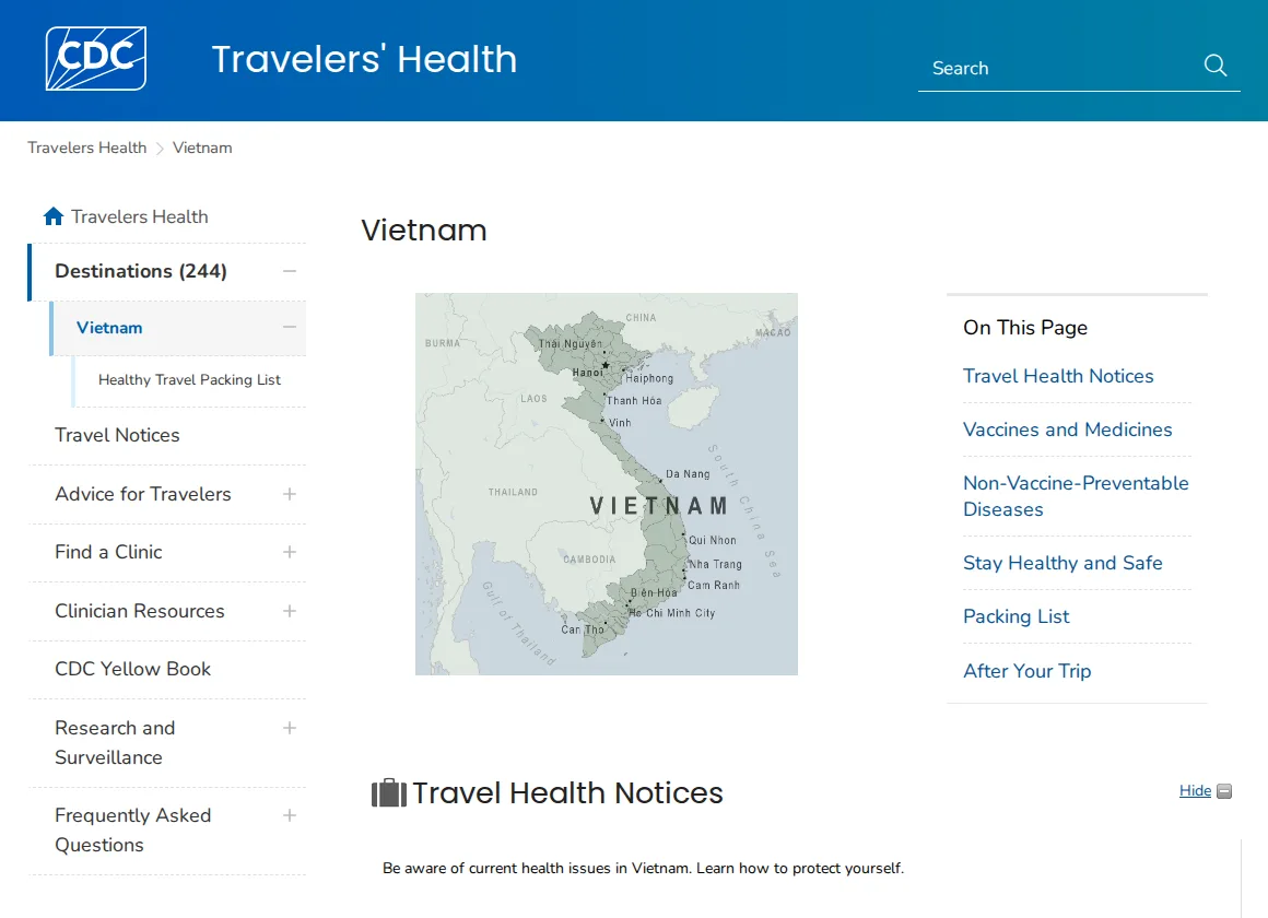 CDC Travelers' Health page for Vietnam with a country map and links to vaccine sections