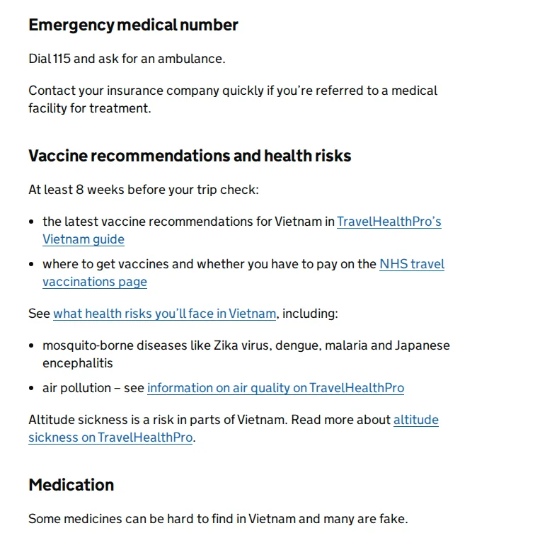 UK government Vietnam health advice showing the 115 ambulance number and the 8-week vaccine check