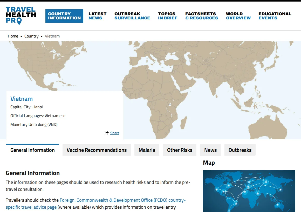 TravelHealthPro Vietnam page with tabs for vaccine recommendations, malaria and other risks