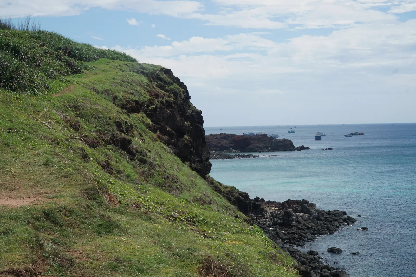 A grassy slope dropping to black volcanic rocks on Phu Quy's coast