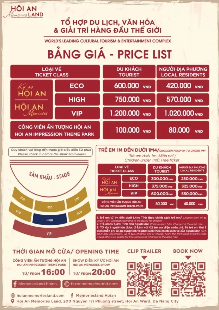 The operator's 2026 price list for Hoi An Memories Show and Impression Theme Park, with ECO, HIGH and VIP prices, a seating plan, child rules and opening times