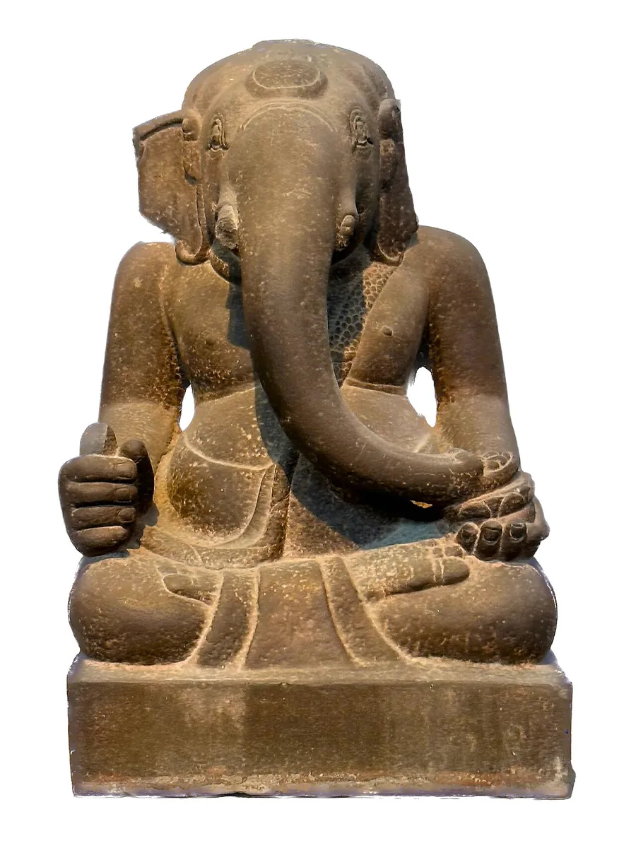 A seated sandstone Ganesha with a long trunk, from the Cham collection