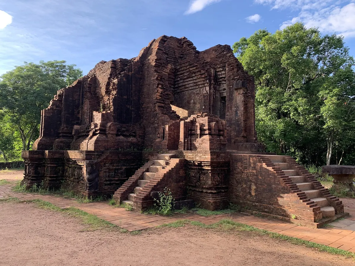 The main temple of My Son Group G on a raised base with brick stairways on two sides