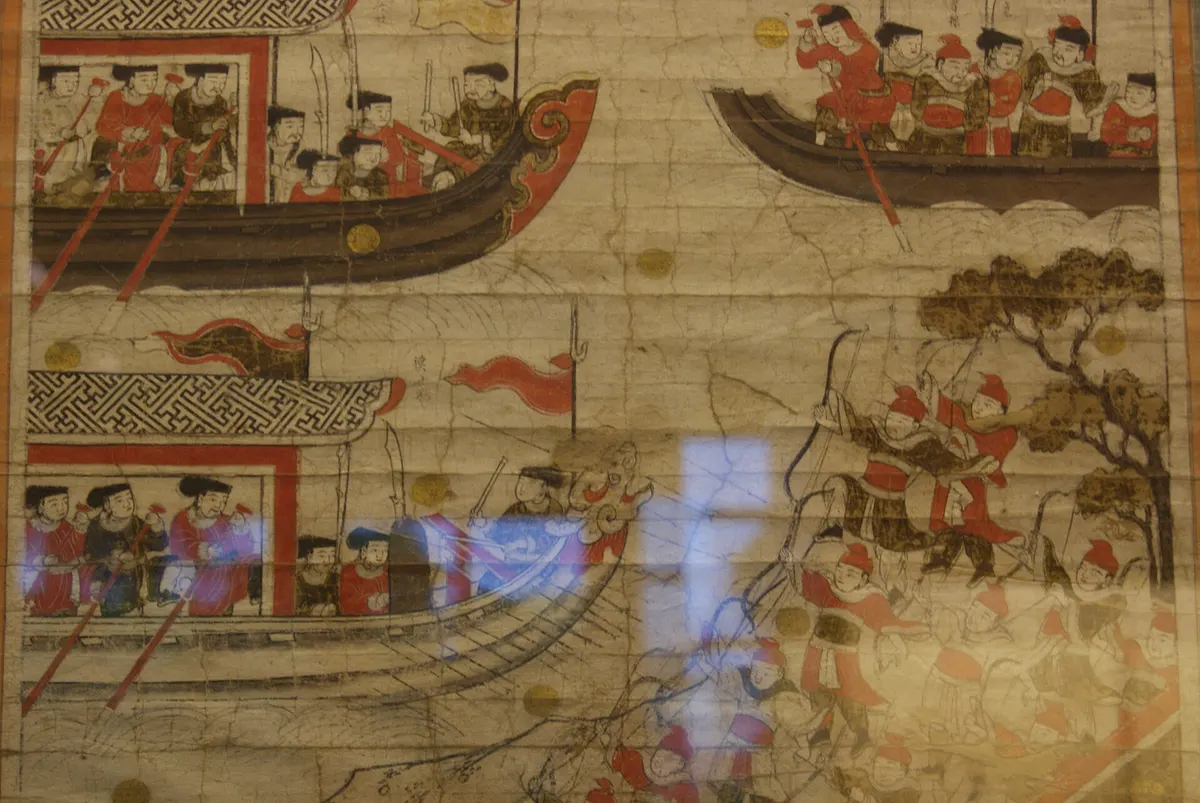 An 18th-century painting of Dai Viet warships with rowers and soldiers in red