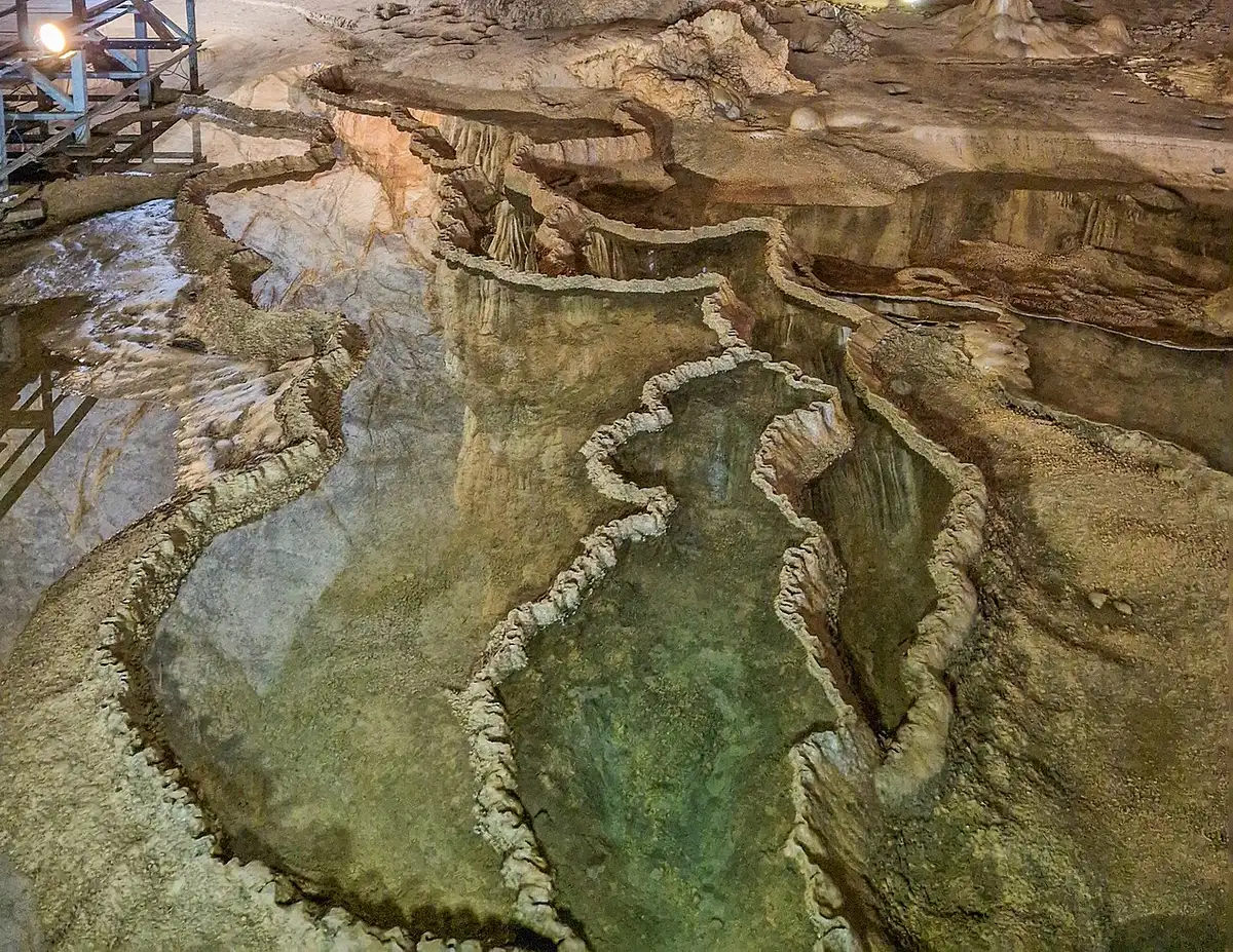 Rimstone pools with curving stone edges on the floor of Paradise Cave