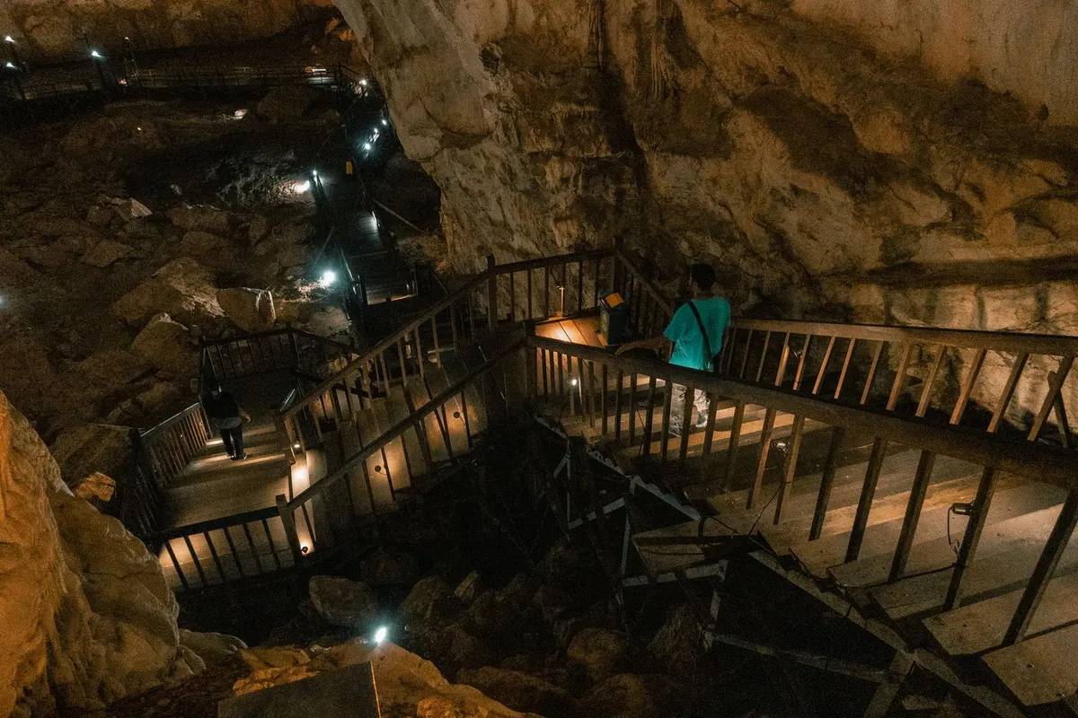 Visitors walking down lit wooden stairs and walkways that zigzag through a dark limestone chamber in Paradise Cave