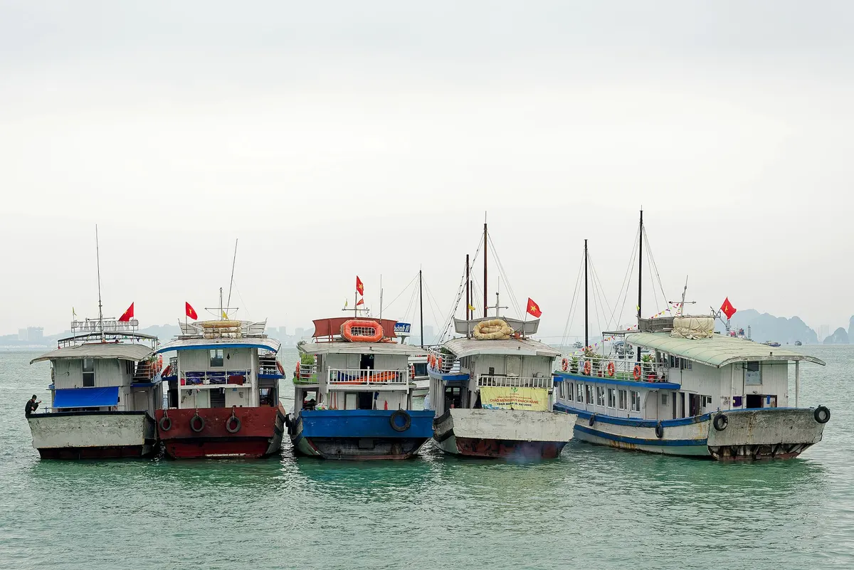 Five wooden day-tour boats with red flags moored side by side off Ti Top Island