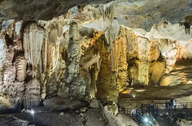 Stalactite formations and a wooden walkway inside a Phong Nha cave chamber